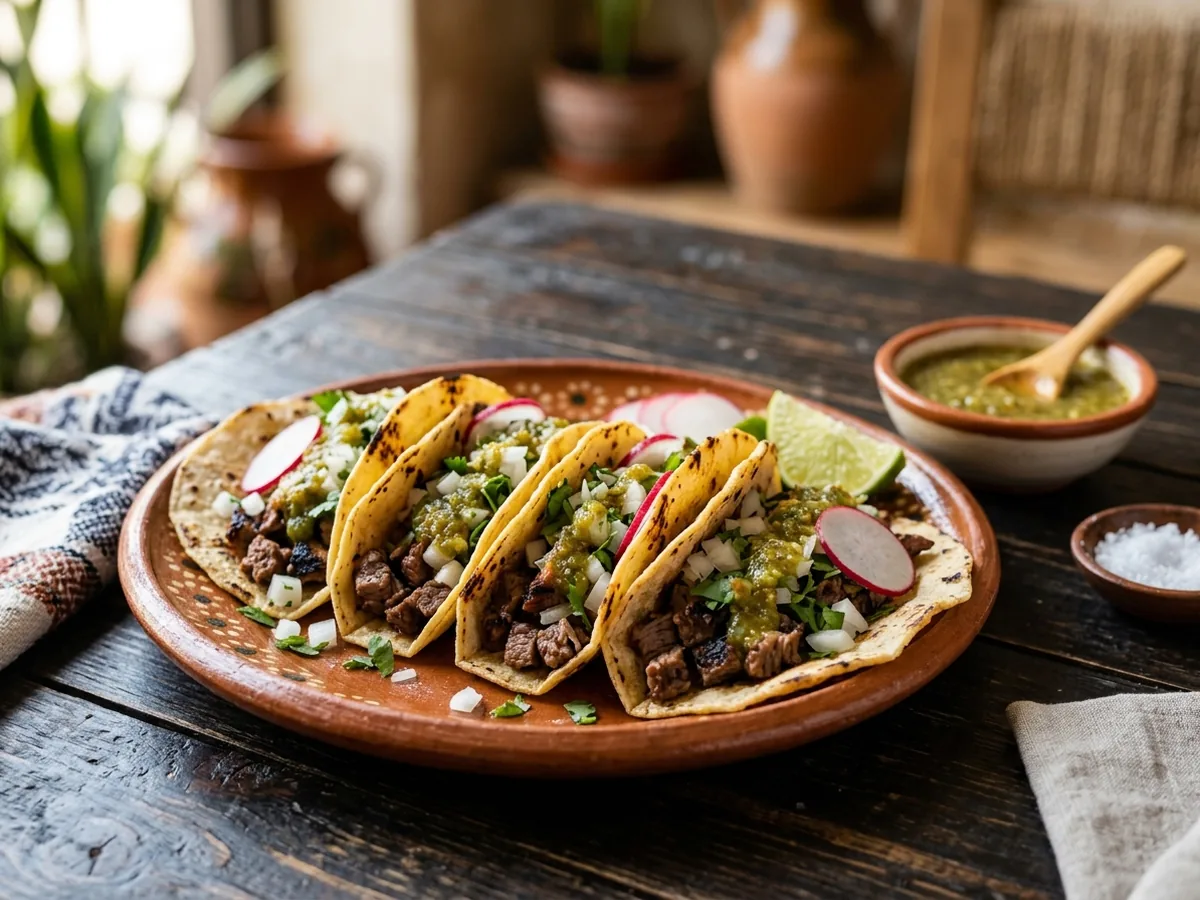 Carne asada street tacos with radish, cilantro and salsa verde