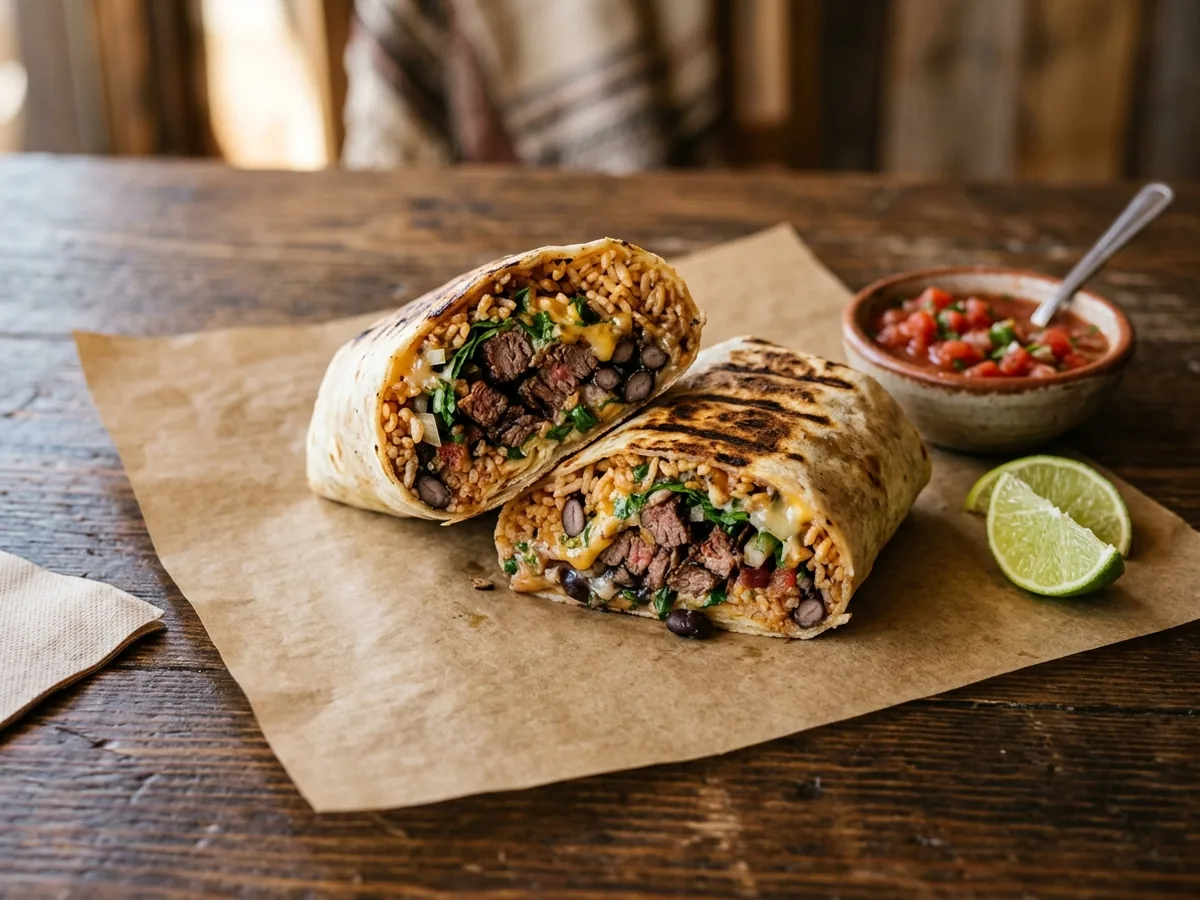 A grilled burrito cut in half with rice, beans and carne asada