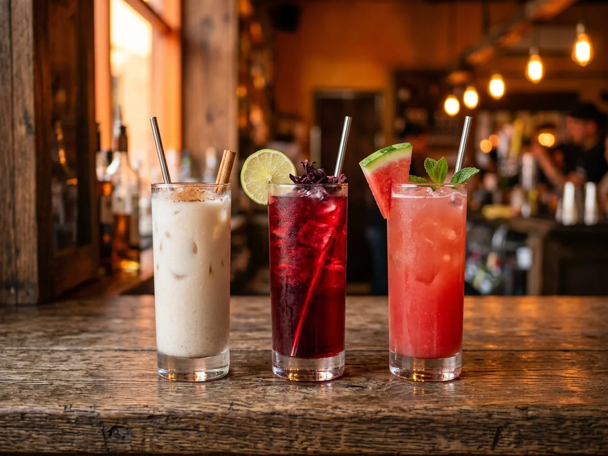 Horchata, jamaica and watermelon aguas frescas on a wooden counter