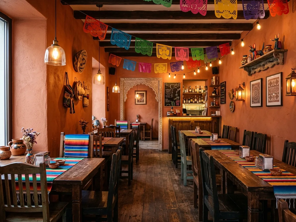 A warm taqueria dining room with papel picado banners