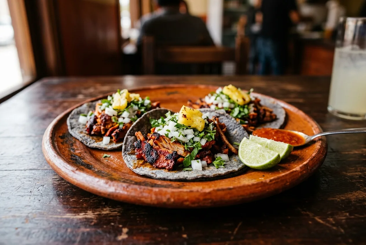 Three al pastor street tacos with pineapple, onion and cilantro on a terracotta plate